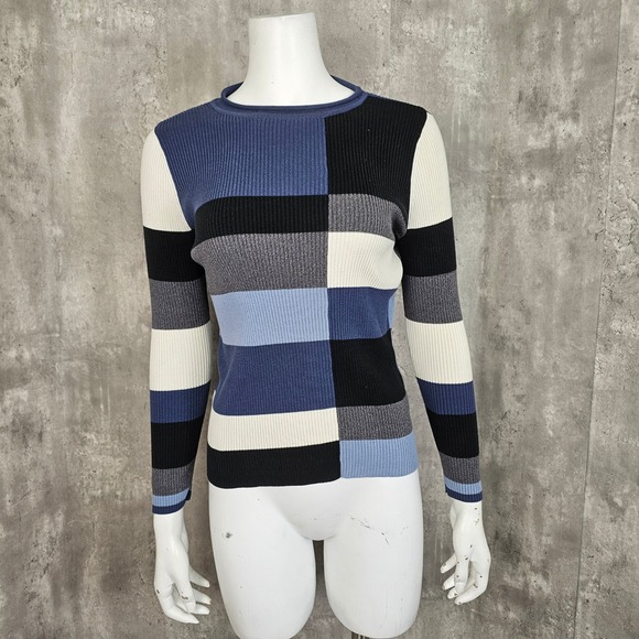 Carolyn Taylor Essentials Colorblock Ribbed Knit Sweater Blue Gray Black Cream S - Picture 2 of 5